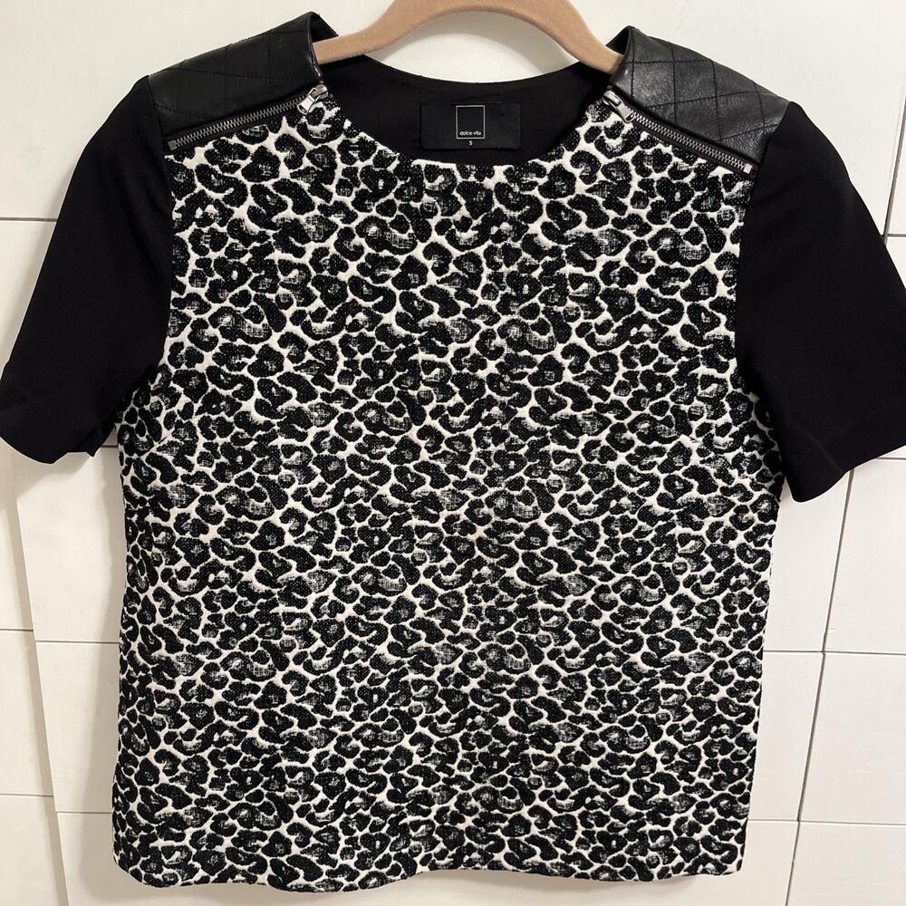 Dolce Vita Blouse Top Leather Shoulder Leopard Print Black Women's Size Small